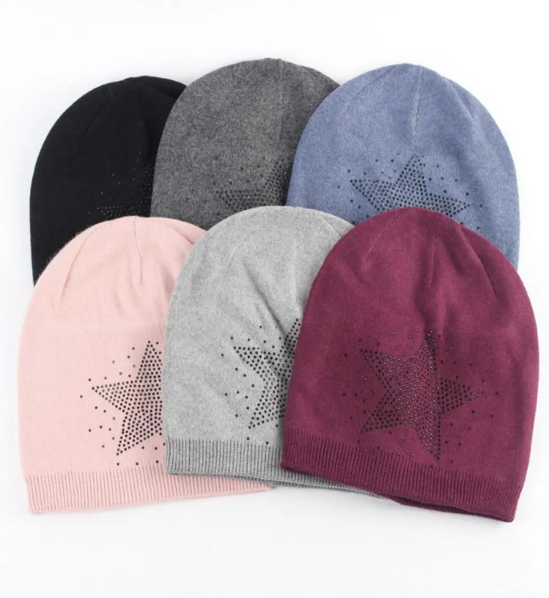 BeanieSkull Caps Estilo Women039s Inverno Mais Quente Moda Malha Algodão Gorros Cor Sólida Estrela Strass Casual Crânio Hip Hop2764930