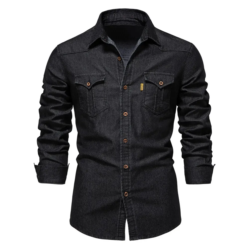 Aiopeson marca elástica algodão denim camisa masculina manga longa qualidade cowboy camisas para homens casual fino ajuste dos homens roupas de grife 231226