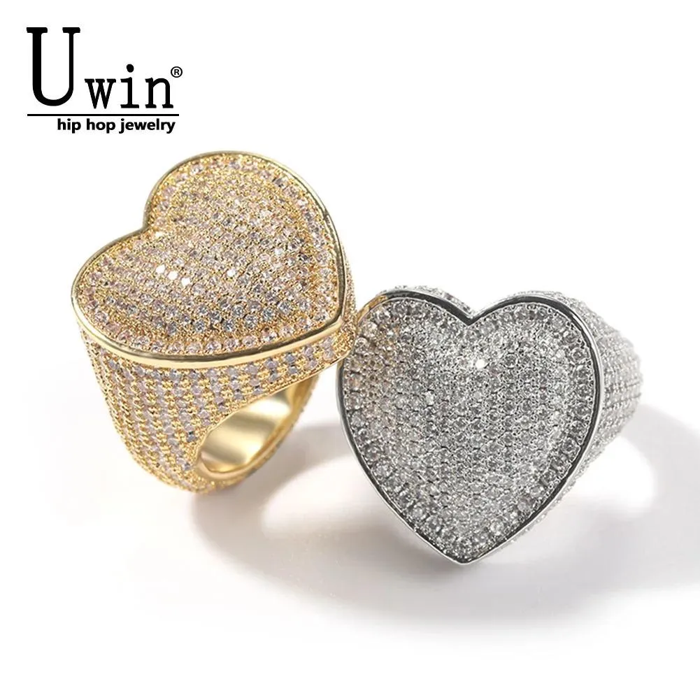 Joyería Uwin anillo de corazón Micro pavimentado completo helado Aaa Cubic Zirconia Bling Hiphop moda joyería delicada para regalo hombres mujeres