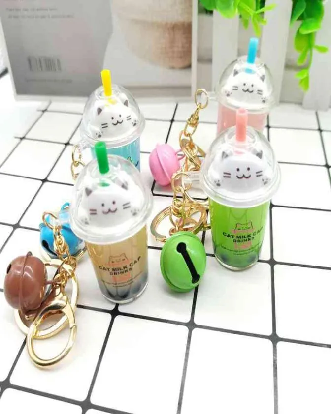 Keychains Net red cat milk tea cup bell key chain car bag accessories creative pearl small gift9415067