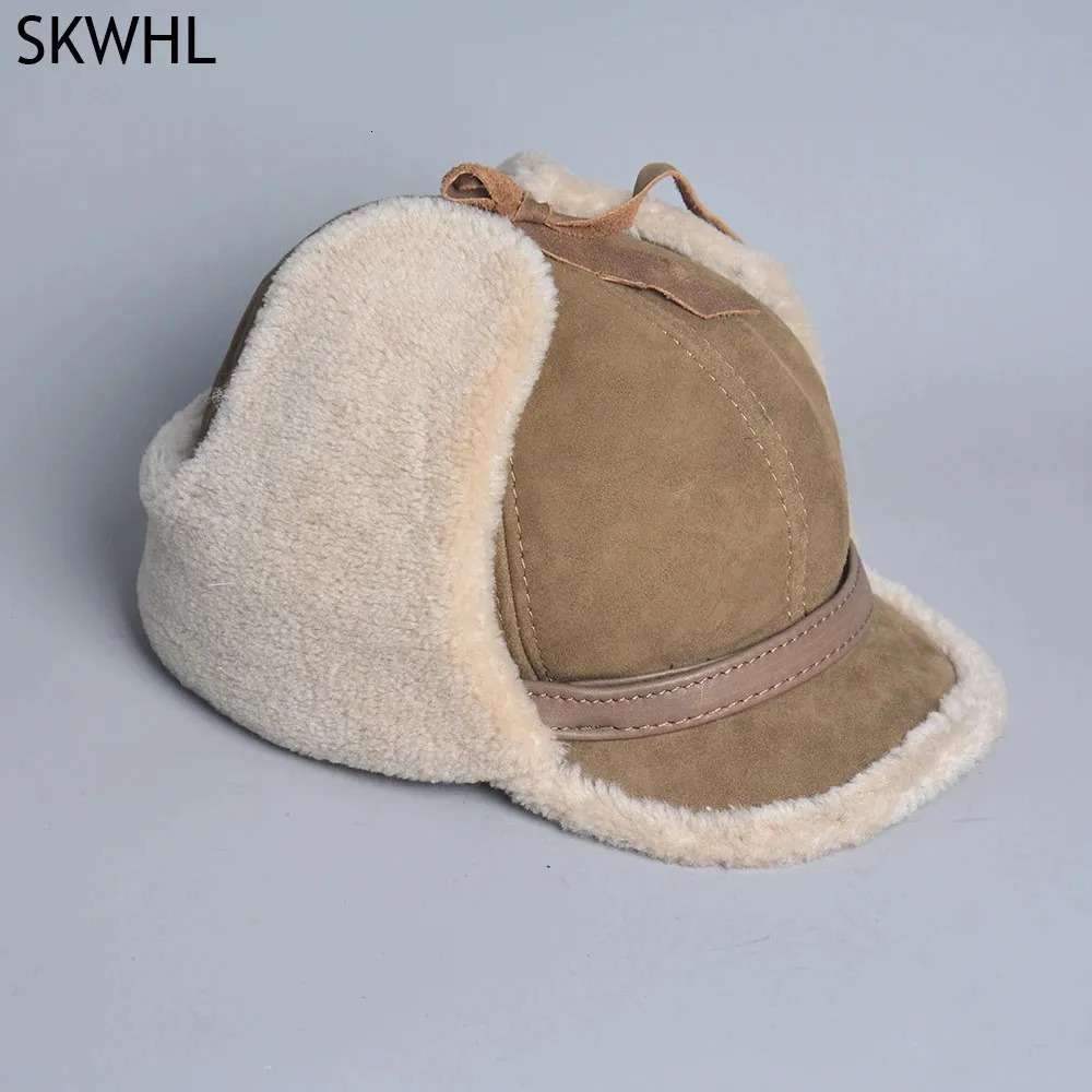 Wysokiej jakości zimowa skórzana kapelusz futro wełna wełna ciepłe grube flapy bombowce kapelusze męskie czapkę baseballową rosyjski kapelusz 231225