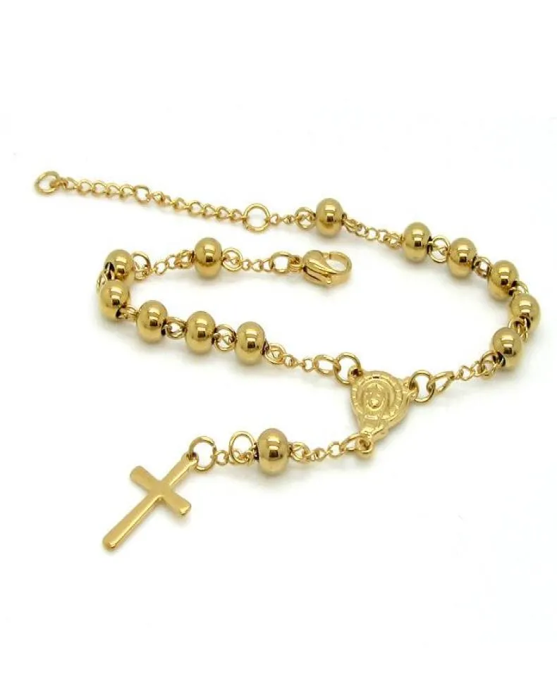 Bracciale rosario in acciaio inossidabile di alta qualità con perline da donna con pendente Gesù, collegamento religioso cattolico, catena 5302345