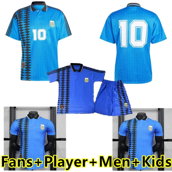 1994 Argentina Retro Soccer Jersey Maradona Player Version Kempes Batistuta Riquelme Higuain Kun Aguero Caniggia Aimar 94 Away Football Shirts Men Kids