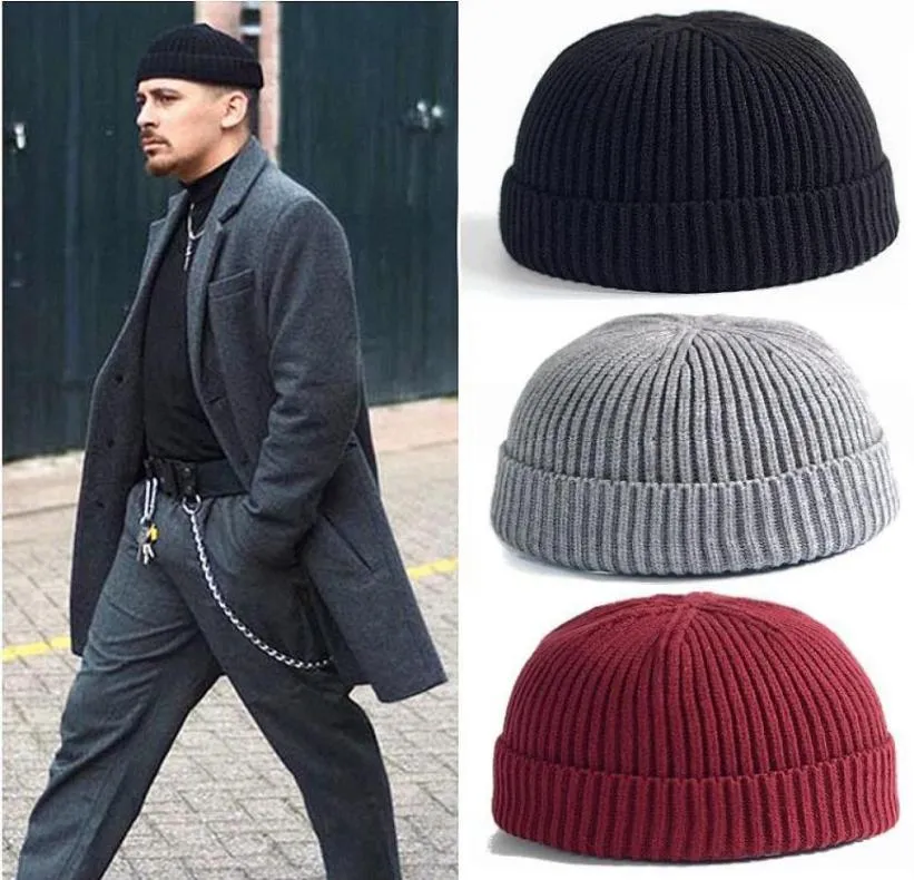 Män stickad hatt ull blandning beanie skullcap mössa brimlös hiphop hattar avslappnad svart maringrå retro vintage mode new9126443