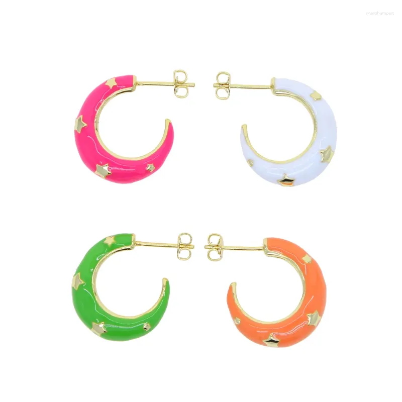 Boucles d'oreilles créoles en émail rose vert blanc Orange pour femmes, 20mm, forme C avec motif d'étoiles, couleur plaquée or, bijoux à la mode, tendance