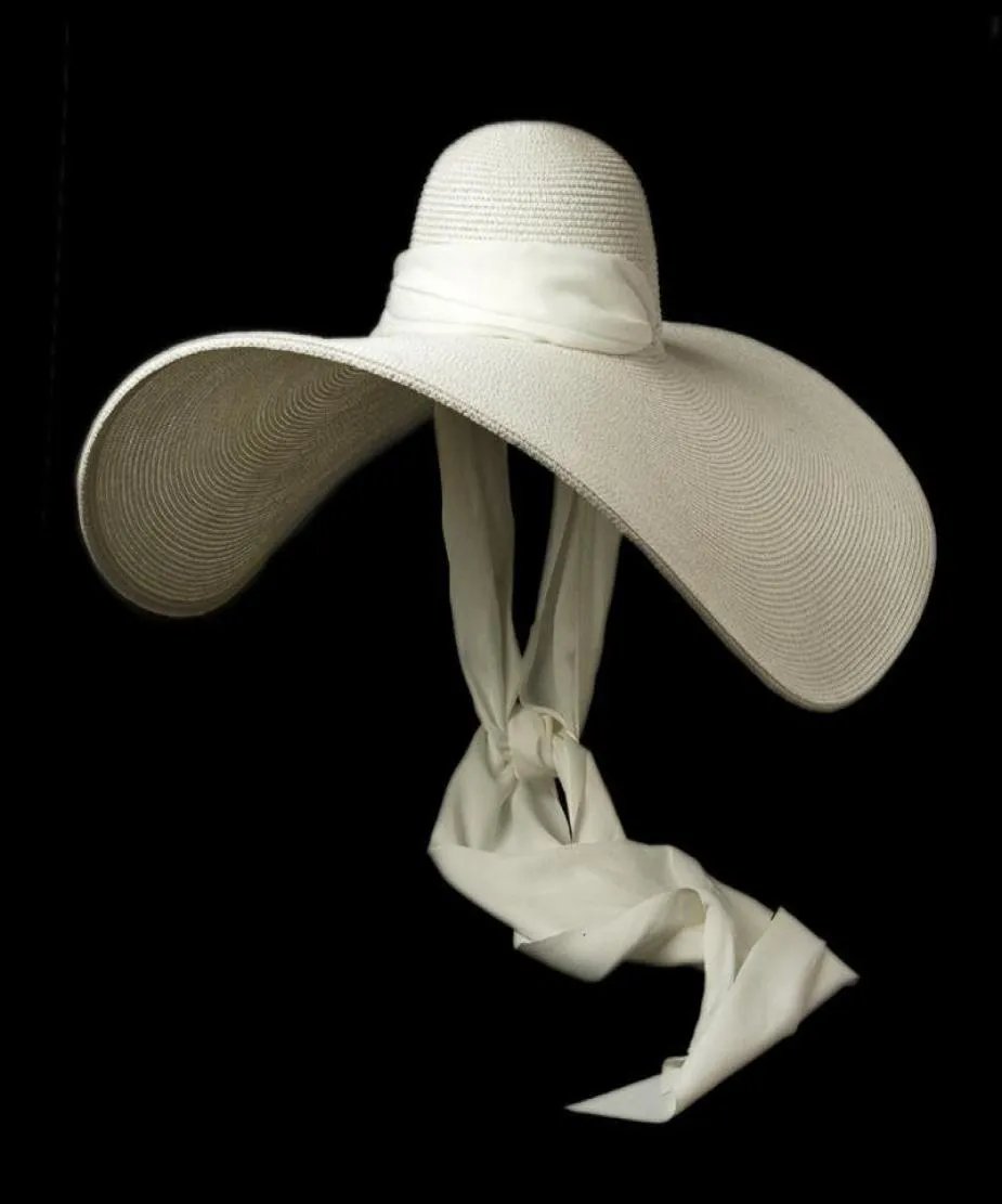 Chapeaux à large bord femmes blanc 25 cm surdimensionné soleil doux ruban de soie cravate disquette géant plage paille été Kuntucky Derby casquette TSPG286x3657118