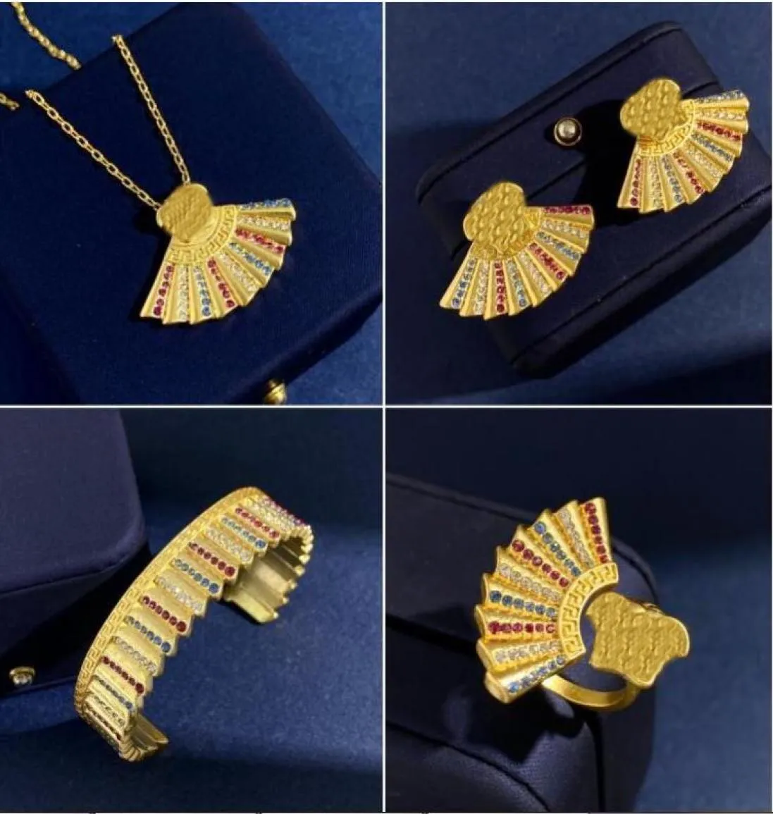 Moda Basilisk cartão mulheres colar brinco conjuntos de latão 18k banhado a ouro senhoras fã saia diamantes designer jóias va057871949427