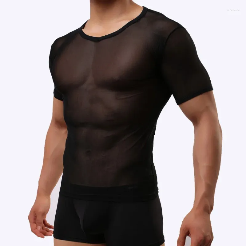 Herr t-skjortor transparenta mesh t-shirts män sexig kort hylsa tätt tee toppar nattklubb man se genom underskjortor smala fit muskel