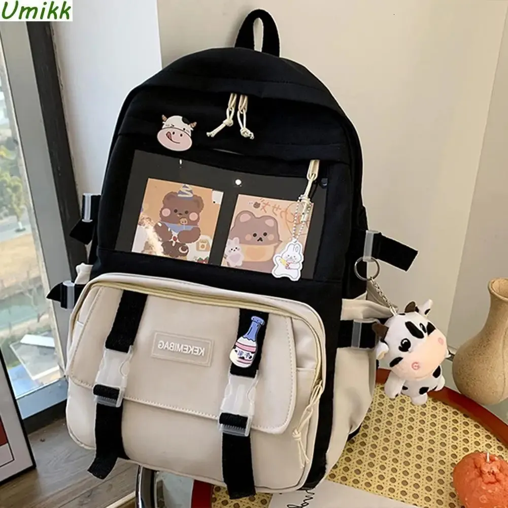 Japanese Students Backpack Contrast Color Preppy Style Schoolbag with Pendant Harajuku Canvas High School Girls Bookbag 231225