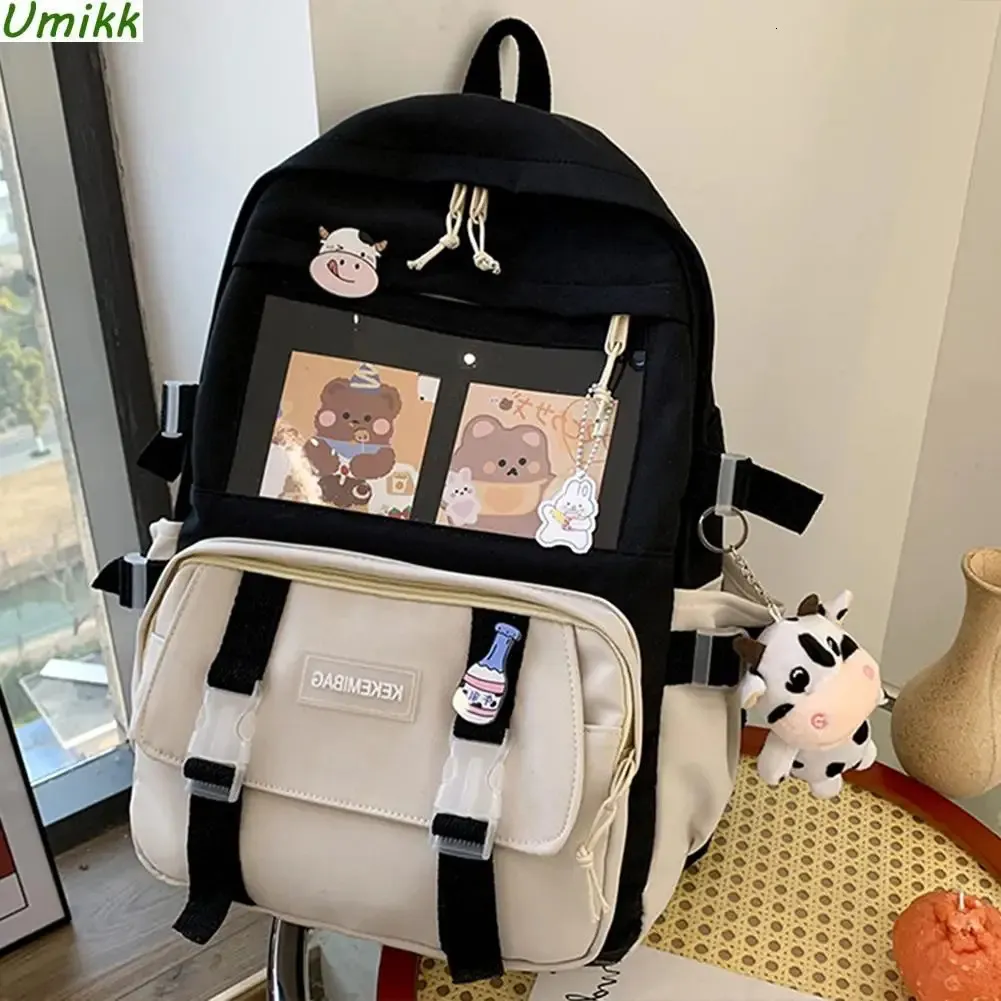 Estudantes japoneses mochila contraste cor estilo preppy mochila com pingente harajuku lona high school meninas bookbag 231225