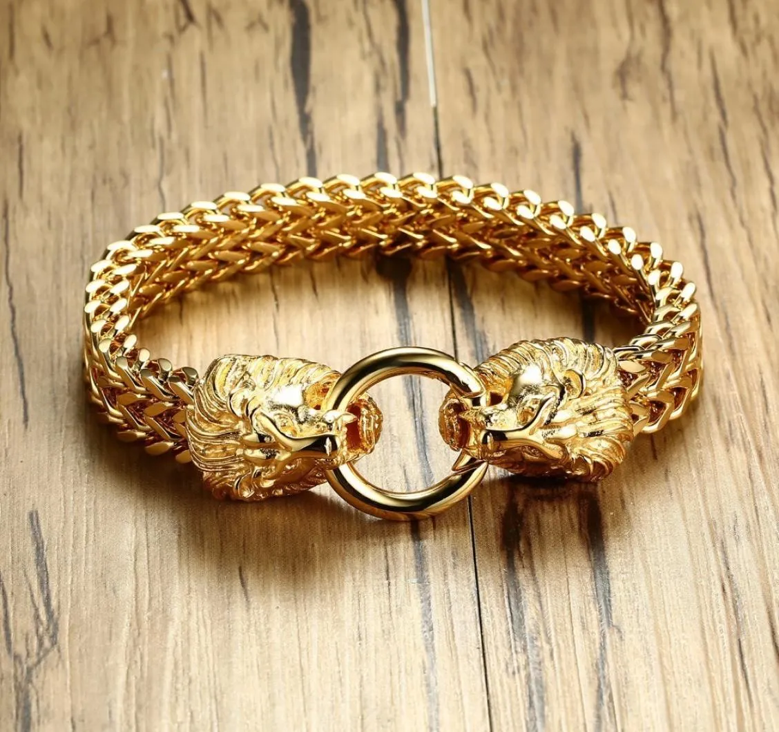 Antikes Doppel-Löwenkopf-Fischgräten-Kettenarmband für Männer, Edelstahl, goldfarben, Hip-Hop-Punk-Männerschmuck, 225 cm, T1907026683413