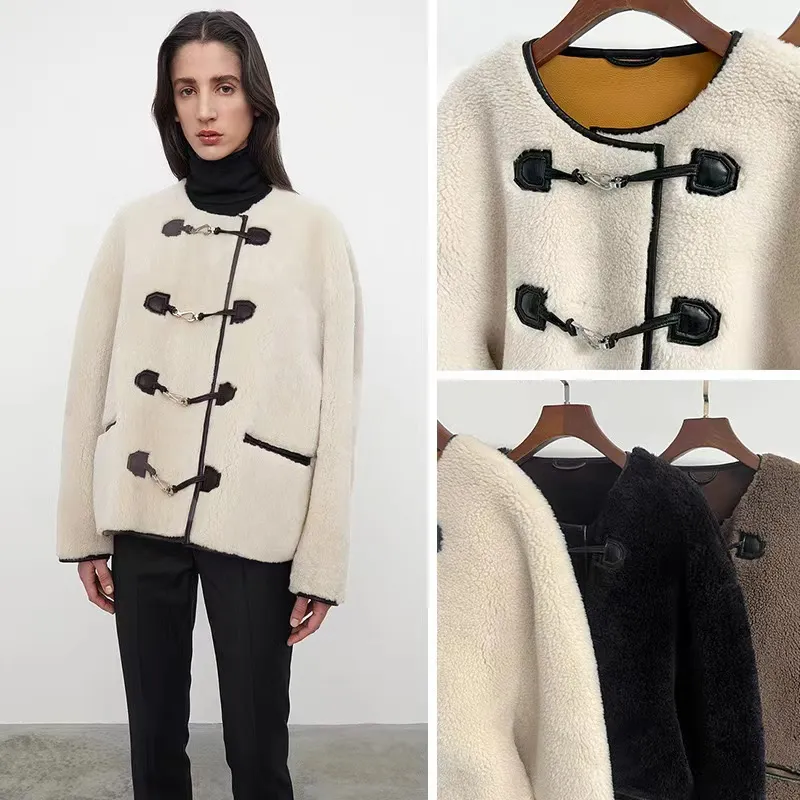 Vestes Femmes Cachemire Tweed à manches longues pour femmes d'hiver 2024FW Bouton en cuir français Col rond Manteau court à simple boutonnage