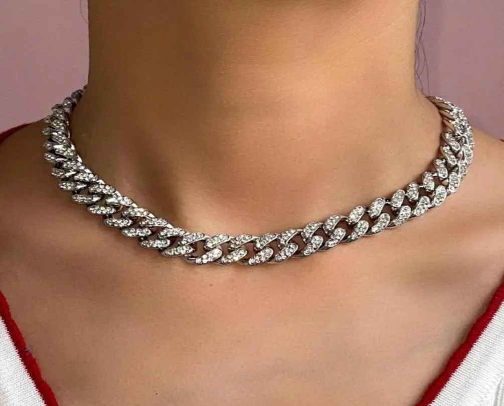 Łańcuchy punkowa kryształowa klamra miami grube kubański naszyjnik dla kobiet lodowane pełne nożyce metalowe metalowe naszyjniki 8046605