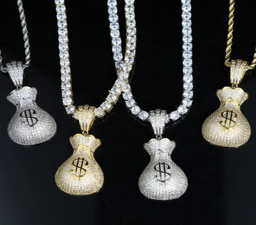 Volledige Micro Verharde Zirconia CZ Iced Out Dollar Geld Tas Hanger Hip Hop Vrouwen Ketting Met Tennis Box Chain2717763