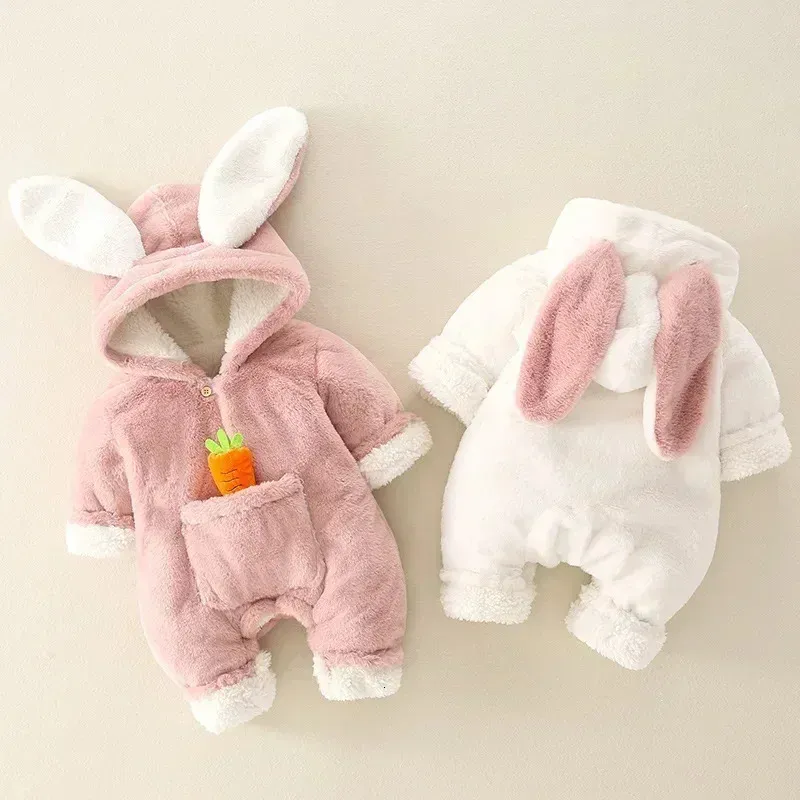 Bébé barboteuses hiver chaud corail polaire né bébé fille vêtements dessin animé lapin manteaux infantile combinaison animal salopette pyjamas 231225