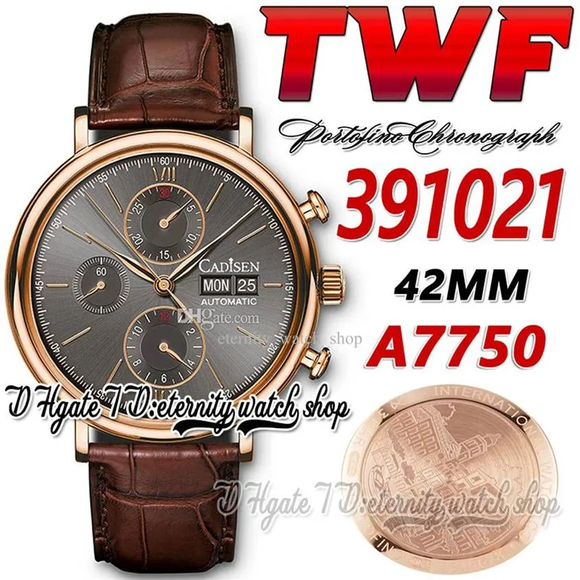 TWF 42MM Mens Watch tw391021 Cal 79320 A7750 Chronograph Automatic Gray Dial Stick Markers 18K Rose Gold Case Leather Strap Super 1918