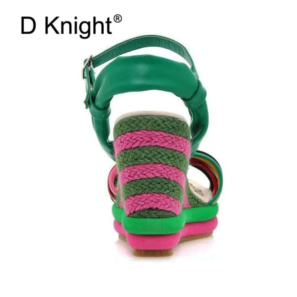 Gladiator Sandals Women 2018 Summer Bohemia Color Block Women Wedges Sandals Straw Braid Platform Wedge High Heel Women Sandals (6)