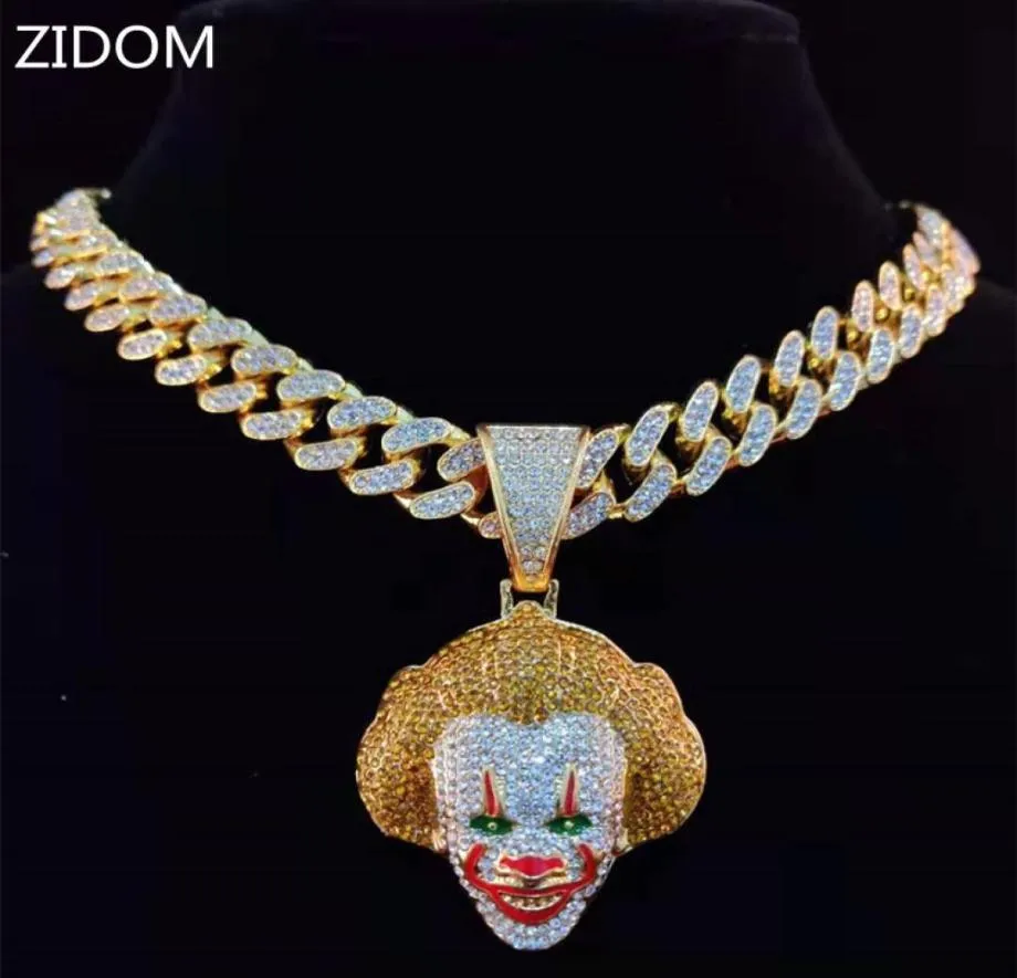 Men Women Hip Hop Movie Clown Pendant Necklace with 13mm Miami Cuban Chain Iced Out Bling HipHop Necklaces Male Charm Jewelry4775359