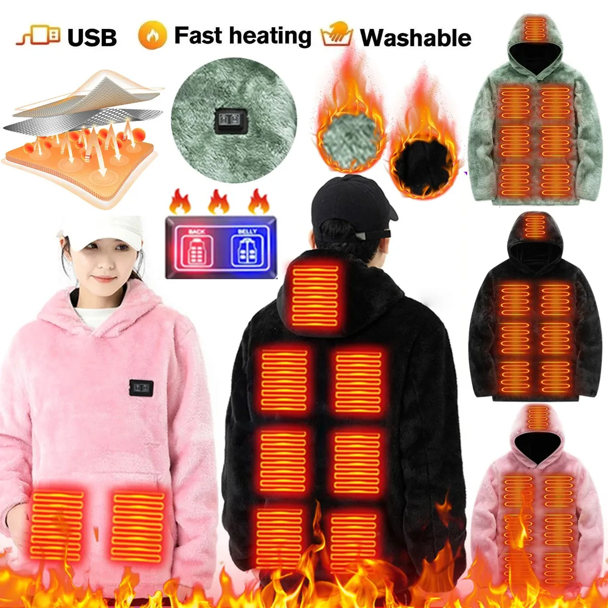 USB -uppvärmningshuvtröjor 3 Växel temperaturelektriska uppvärmda jackor Långärmad streetwear Löst rockar unisex harajuku tröjor 231226