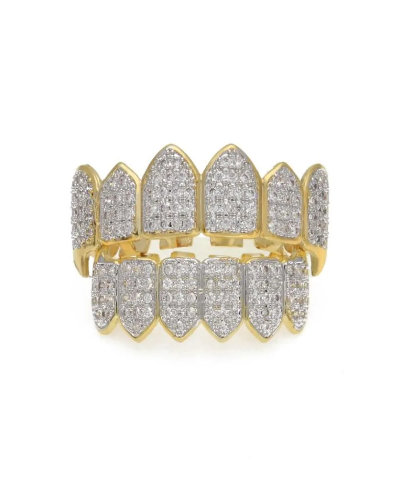 NIEUWE Diamond Grills 18KT verguld volledig Iced Out Micro Pave CZ boven- en onderkant gezicht mondgrills voor vampiertanden Cosplay Hip Ho8496089