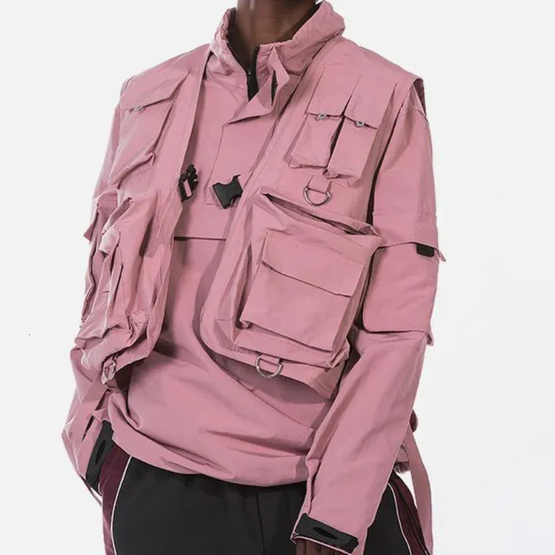 Klassisk multi pocket taktisk väst kappa japanska par arbetskläder hiphop streetwear rosa enkelknapp ärmlösa jackor 231226