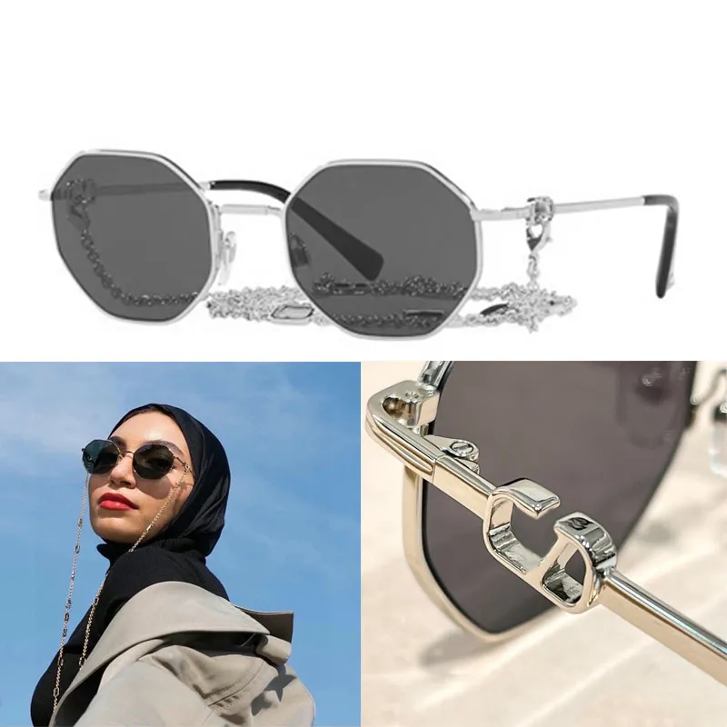 Designer Femmes Chaîne Lunettes de soleil rectangulaires en métal Cadre simple et luxueux Caractère en V sur les temples Va2040 Voyage Vacances Sonnenbridge