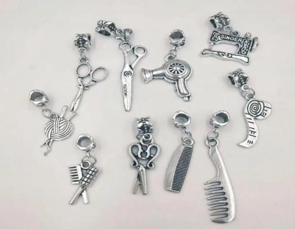 Machine à coudre en argent antique, sèche-cheveux, ciseaux, règle, peigne, pendentif à breloque, collier, bracelet, accessoires de bijoux, A938983836