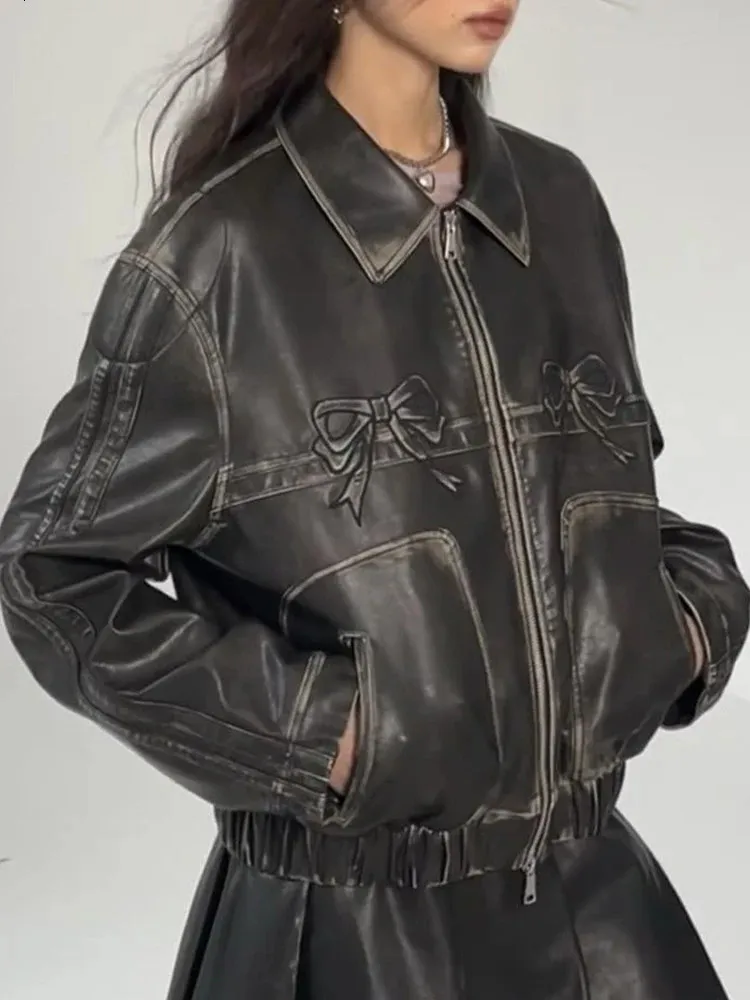 Y2K 폭격기 재킷 여성 빈티지하라 주쿠 보우 프린트 PU 가죽 코트 여성 한국 패션 하이 스트리트 지퍼 사이클 외부웨어 231226