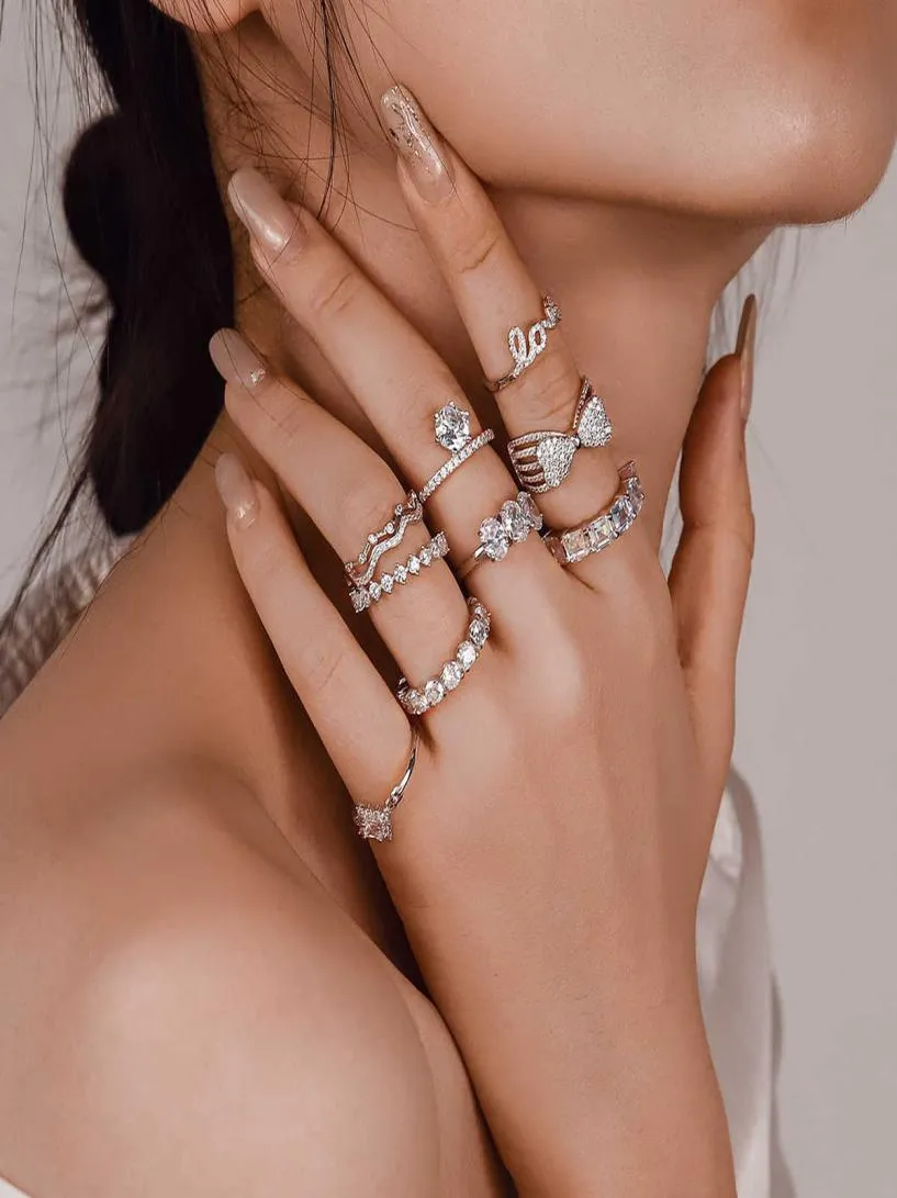 Joias novo conjunto de anel de prata esterlina s925 com zircônia 5a, diamante completo, simples, feminino, imitação de anel de diamante, pulseira 5407995