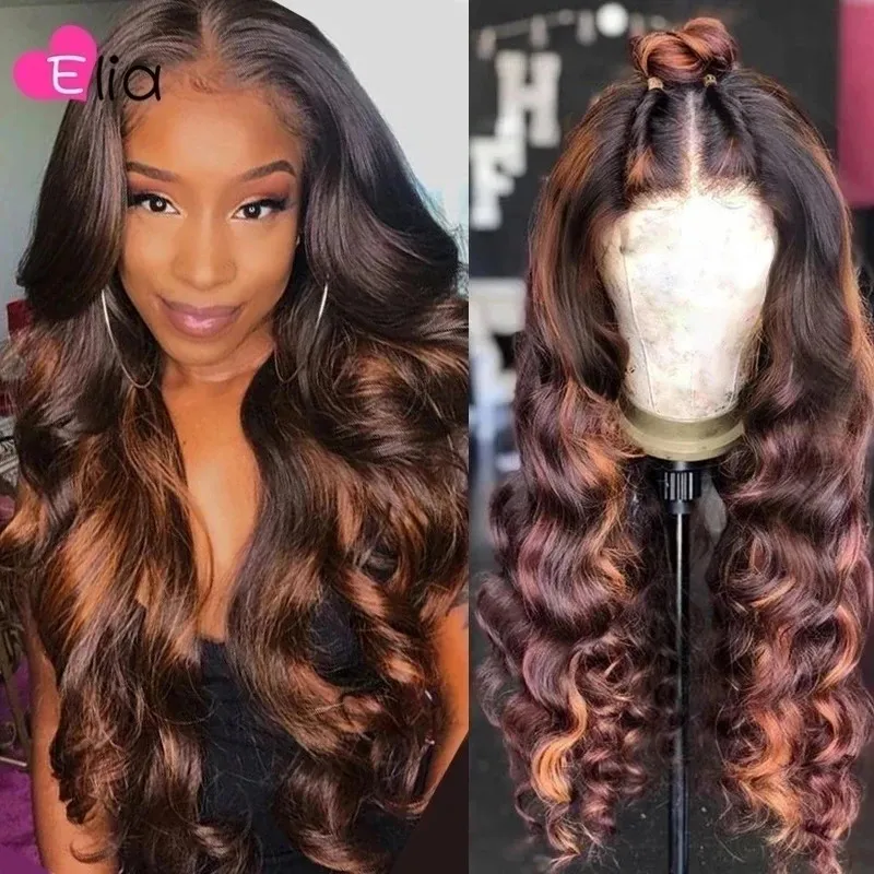 Elia 13x6 Body Wave Highlight Brown Spets Frontal Wig Hume Hair 180 Density Remy Peruansk 100 För svarta kvinnor 231226