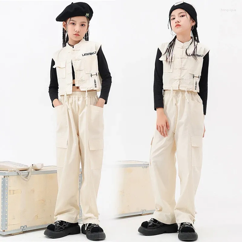 Stage Wear 2023 KPOP Kids Hip Hop Dance Ubrania dla dziewcząt Jazz Performance Suit Khaki Vest Concert Concert