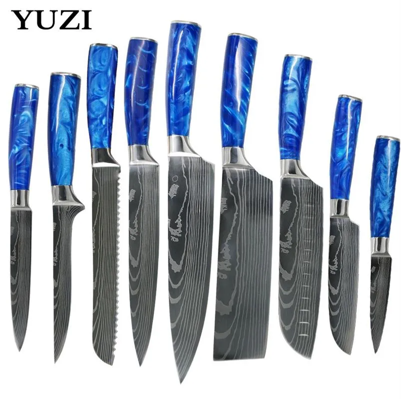 Küchenmesser-Set, blauer Harzgriff, Chefkoch, LNIFE, Laser, EAMASCUS-Muster, japanisches Santoku-Hackbeil aus Edelstahl, Schneidewerkzeuge2443