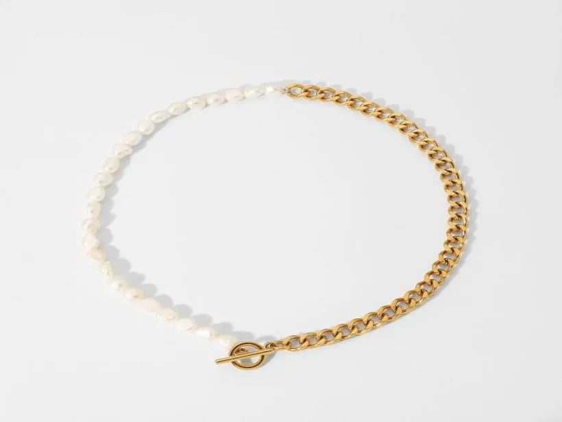 Kedjor Casual Cuban Chain Freshwater Pearl Necklace OT spänne rostfritt stål halva anslutet64660754977235