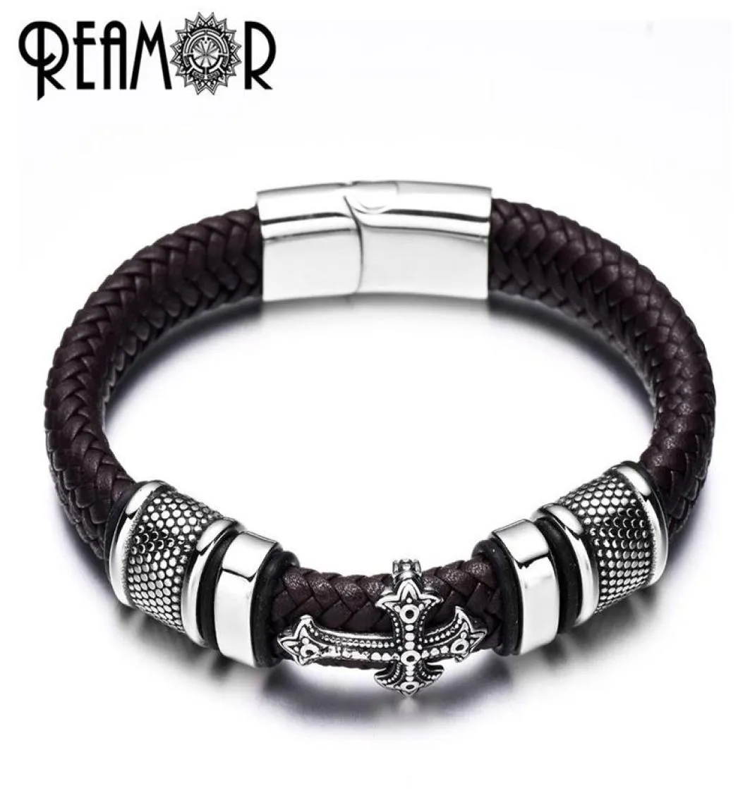 Reamor 12mm Breite Geflochtenes Leder Männer Armbänder 316l Edelstahl Charms Manschette Armbänder Armreifen Trendy Männlichen Schmuck SH1908336735