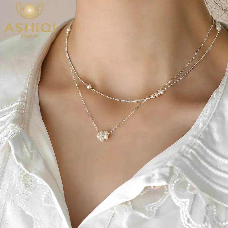 ASHIQI Naturalny Naszyjnik w zawieszek z perłowym kwiatem 925 srebrny biżuteria dla kobiet 231225