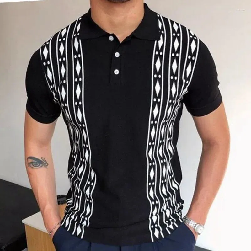 Polos masculinos 2023 verão pulôver polo botão padrão geométrico rosca rosca de manga curta camiseta de malha moda casual formal topos