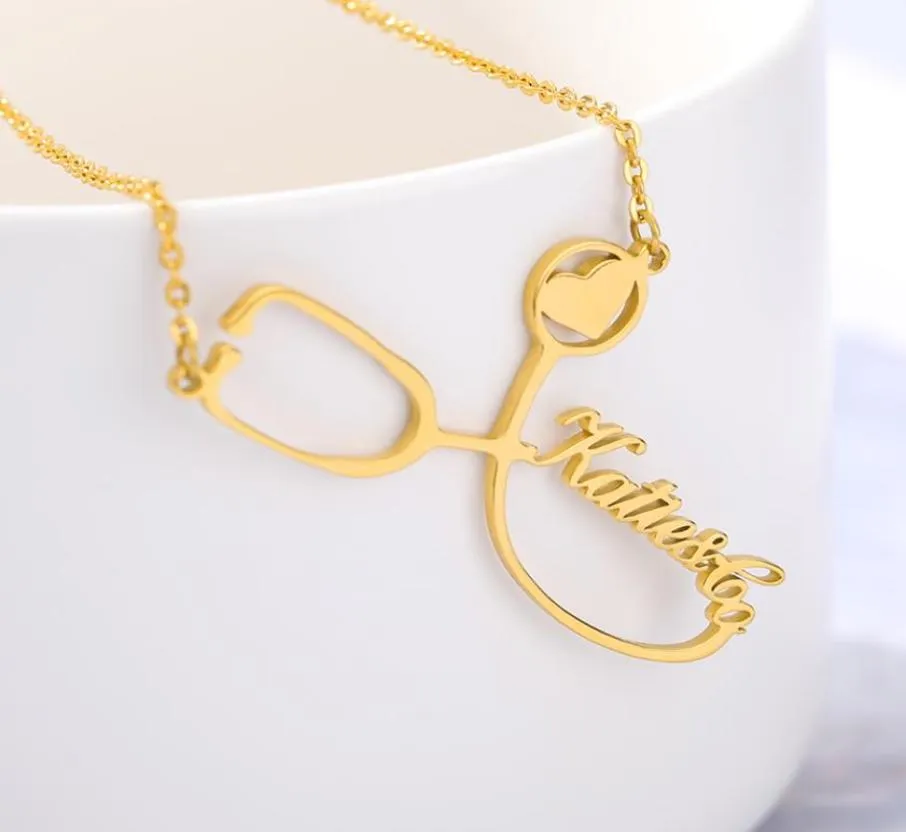 Custom Stethoscope Name Necklace Stainless Steel Gold Chain Choker Nurse039s Customized Charm Necklace For Women Men Bff Jewelr8070435