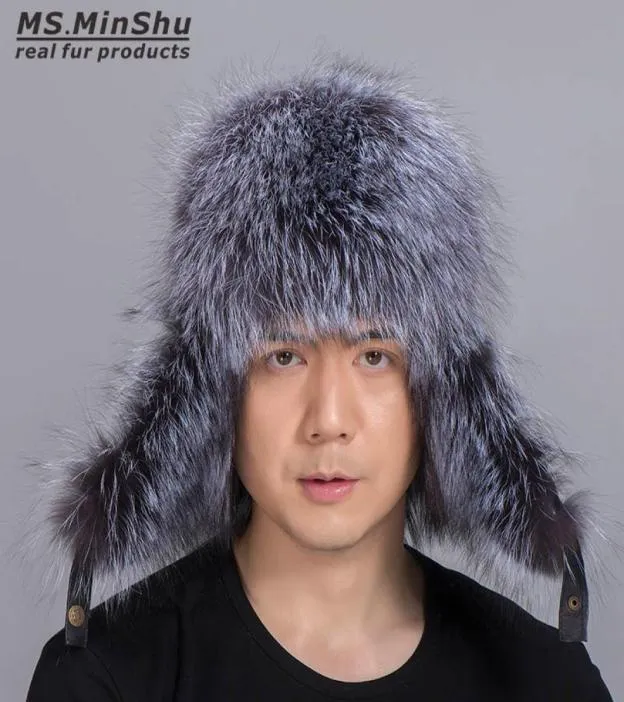 Rosyjski styl unisex srebrny lis futra z owczą skórzaną skorupą zewnętrzną zimę earflap headwarmer5348668