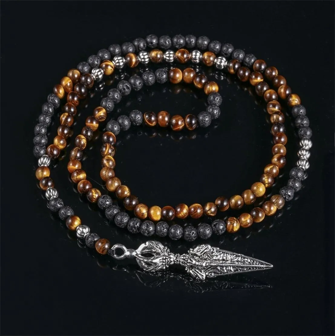 Natural Stone Necklace Men Retro Lava Bead Long Tiger Eye Skullviking Pendants Necklaces Fashion Jewelry Kolye Hand Made 2010146478032