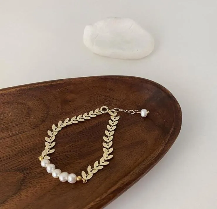 Bracelets de charme VSnow français Vintage perle d'eau douce perlée pour les femmes texturé couleur or métallique feuille d'olivier bijoux 9120355
