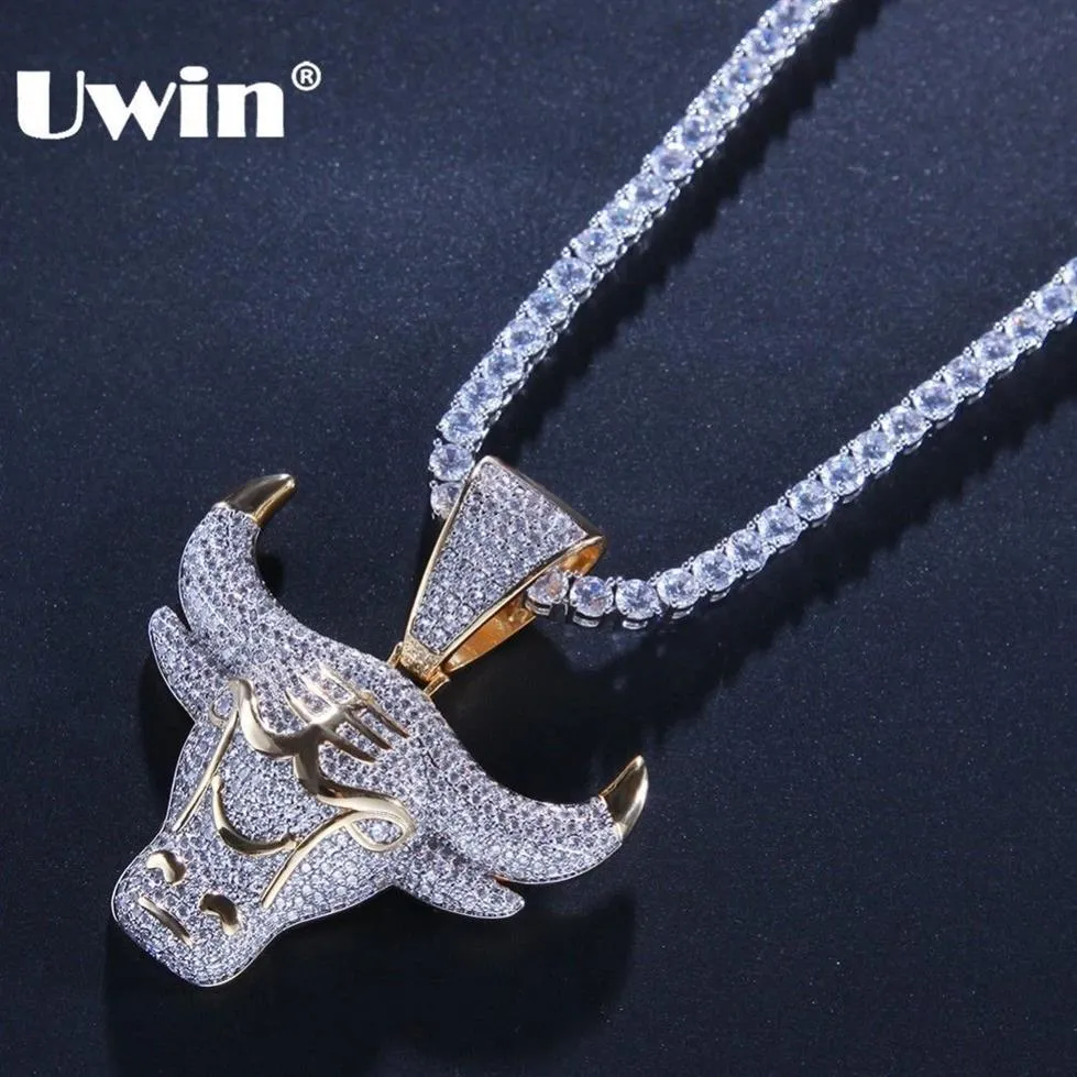 Uwin Drop Charm King Bull Iced Out Pendant med Round Cut 4mm Tennis Chains Halsband Hiphop Cubic Zirconia Jewelry J190713415
