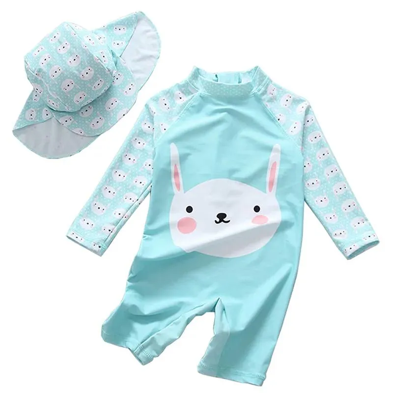 set Kids UV UPF50+ Cartoon Shark Swimsuit Boys Girls Pink Flamingo Rabbit Swimwear with Hat Bathing Surfing Suits for Little Girl 2T