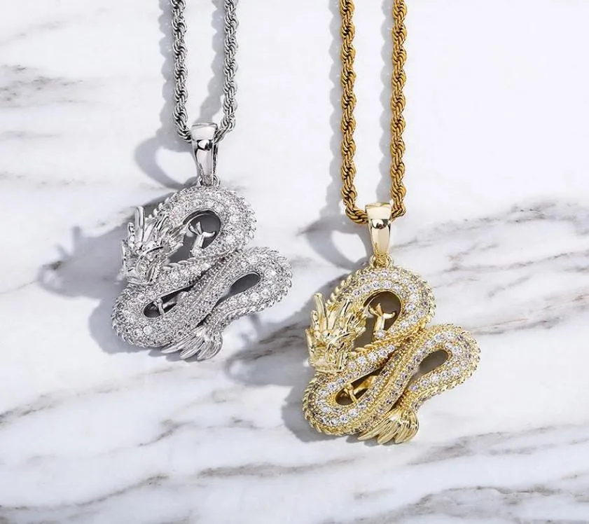 Cool Mens Necklace Gold Plated Iced Out CZ Dragon Pendant Necklace For Girls Women med 24inch Rope Chain4057342