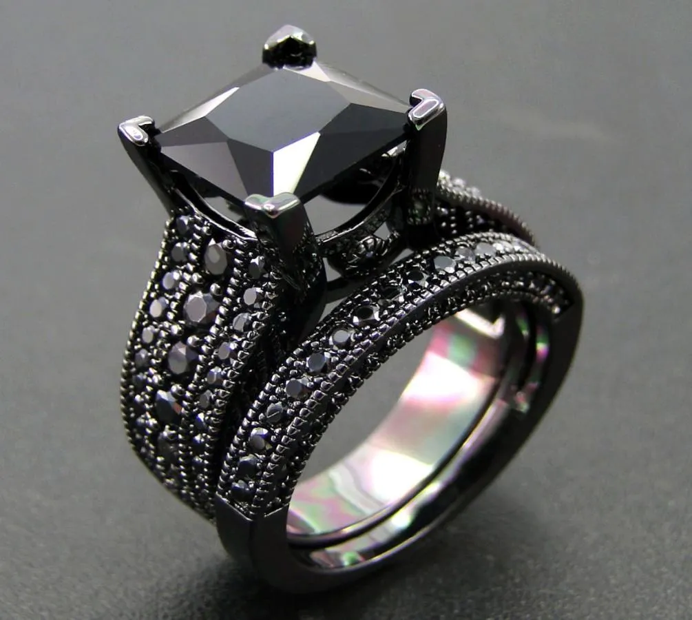 Arrivée noir plaqué or bijoux bague ensemble AAA noir cubique Zircon pierre bague ensemble femmes anneaux de mariage taille 567891011 2105246511150