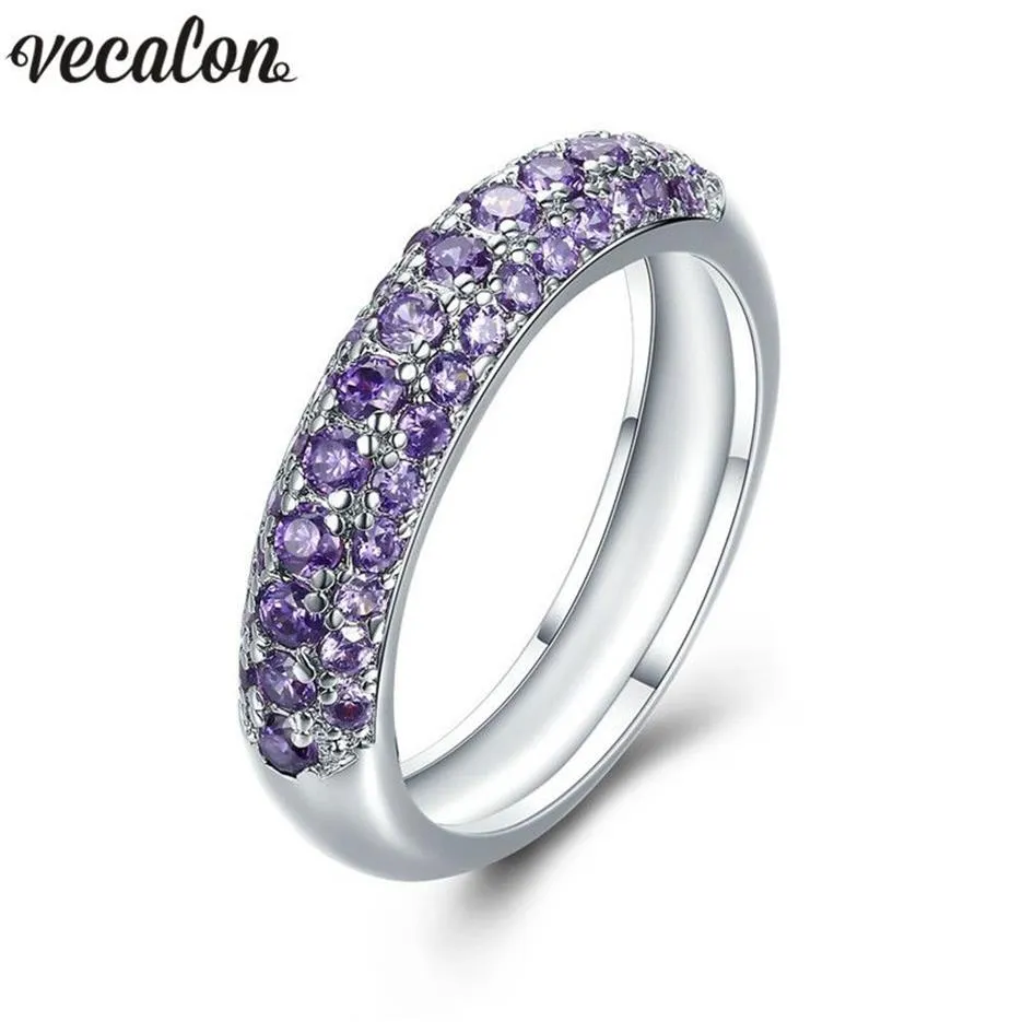Vecalon Handgemaakte Anniversary Band ring voor vrouwen pave setting Paarse Diamanten Cz 925 zilveren Vrouwelijke Verlovingstrouwringen234v
