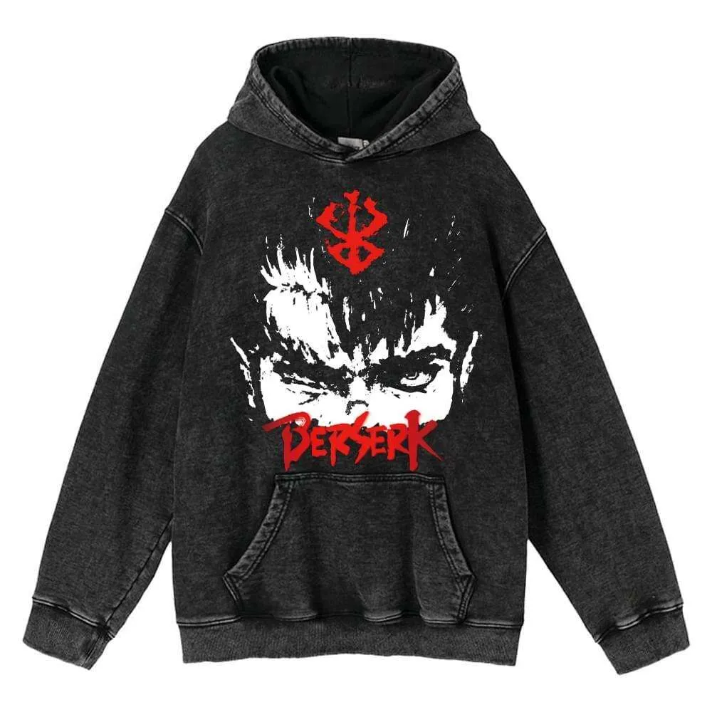 Anime Berserk sweat à capuche Vintage noir vêtements pour hommes 100% coton lavage à l'acide veste à capuche pour femme Hip Hop Y2K vêtements surdimensionnés