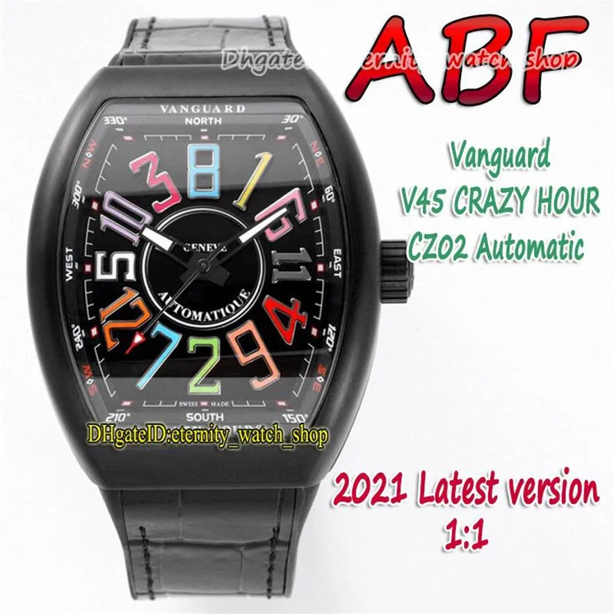 ABF New Crazy Hour Vanguard CZ02 Automatisk mekanisk 3D Art Deco Arabisk urtavla V45 MENS Titta på PVD Black Steel Case Läder Eternity259y