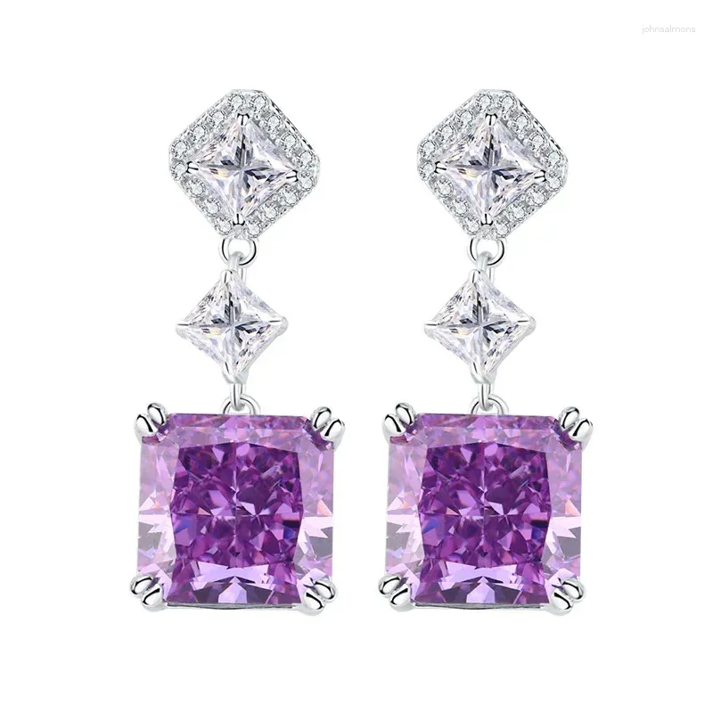 Orecchini pendenti S925 Anello completo in argento ad alto tenore di carbonio con pietre preziose Princess Square High-end e fede nuziale da donna 10