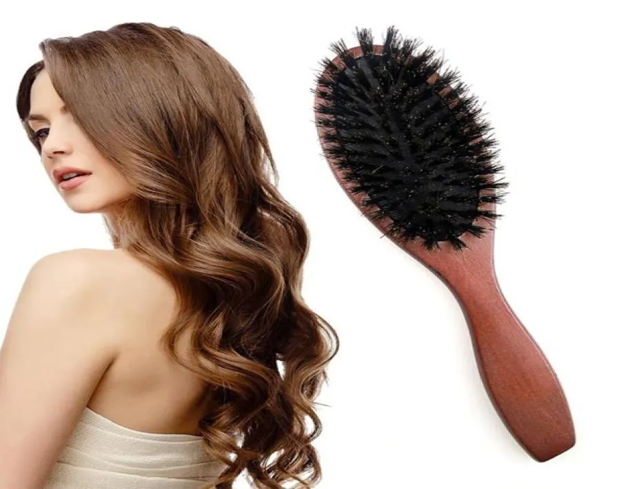 Brosse à cheveux manche en bois, poils de sanglier, peigne à barbe, style démêlant, lissage, 4380539