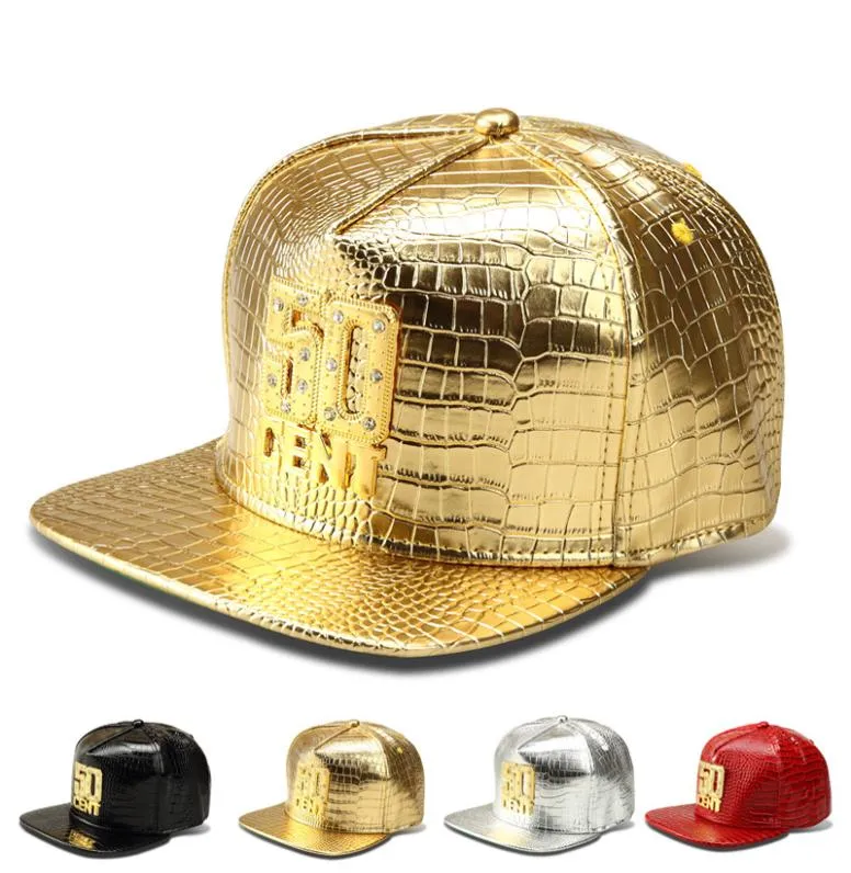 2017 Luxury 50cent Baseball Caps Faux Leather Gold Rhinestone Cocrocodile Strapback Hats Hip Hop DJ Rap Hats Men Gift6155732